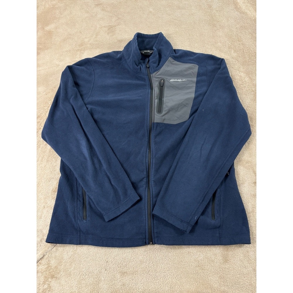 Eddie Bauer First Ascent full-zip fleece jacket Men L Navy Blue Gray Stretch EUC